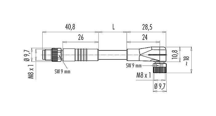Scale drawing M8 Male cable connector - female angled connector, Contacts: 3, unshielded, moulded on the cable, IP67/IP69K, UL 2238, Standard, PVC, yellow, 3 x AWG 22, 2 m