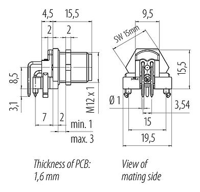 Dibujo a escala M12 Enchufe de brida, Número de contactos: 4, sin blindaje, THR, IP67, UL 2238, M12x1,0, Montaje en pared, diseño de dos partes