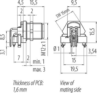 Dibujo a escala M12 Enchufe de brida, Número de contactos: 4, sin blindaje, THR, IP67, UL 2238, M12x1,0, Montaje en pared, diseño de dos partes