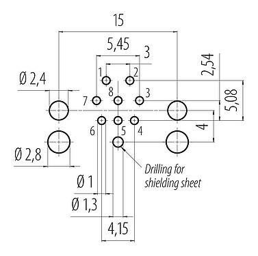 Disposition du conducteur M12 Embase femelle, Contacts: 8, blindable, THR, IP68, UL 2238, M12x1,0, Montage mural arrière, pour assemblage PCB