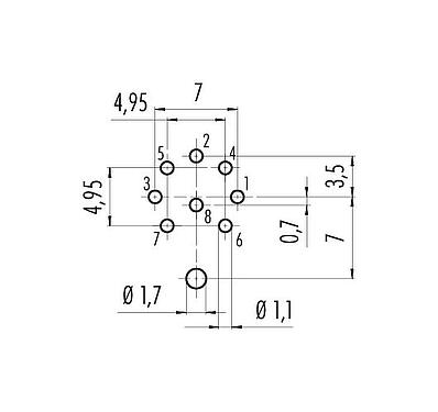 Conductor layout M16 Male panel mount connector, Contacts: 8 (08-a), shieldable, THT, IP68, UL 2238, AISG compliant, M18x0,75, Rear mounting