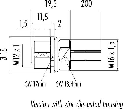 Dibujo a escala M12 Toma de brida, Número de contactos: 5, sin blindaje, hilos, IP68, UL 2238, M16x1,5, Montaje frontal