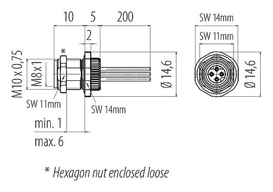 Scale drawing M8 Female panel mount connector, Contacts: 4, unshielded, single wires, IP67, M8x1.0, Rear mounting