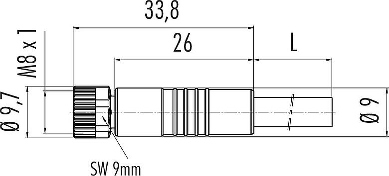 Scale drawing M8 Female cable connector, Contacts: 3, unshielded, moulded on the cable, IP67/IP69K, UL 2238, PVC, grey, 3 x 0.34 mm², with LED PNP closer, 2 m