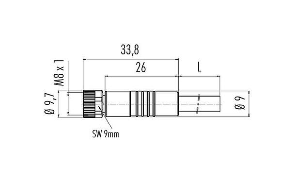 Scale drawing M8 Female cable connector, Contacts: 3, unshielded, moulded on the cable, IP67/IP69K, UL 2238, PVC, grey, 3 x 0.34 mm², with LED PNP closer, 10 m