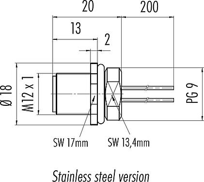 Dessin coté M12 Embase mâle, Contacts: 5, non blindé, fils, IP68, UL 2238, PG 9, Montage frontal, Acier inoxydable, coulé