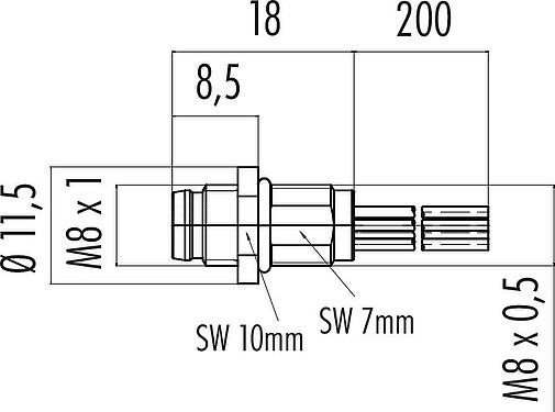 Dibujo a escala M8 Enchufe de brida, Número de contactos: 3, sin blindaje, hilos, IP67/IP69K, UL 2238, M8x0,5, Montaje frontal, moldeado