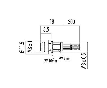 Scale drawing M8 Male panel mount connector, Contacts: 6, unshielded, single wires, IP67/IP69K, UL 2238, M8x0.5, Front mounting, potted
