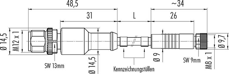 Scale drawing M12/M8 Male cable connector - female cable connector, Contacts: 3, unshielded, moulded on the cable, IP67/IP69K, UL 2238, PLTC, TPE-E, yellow, 4 x AWG 22, 2 m