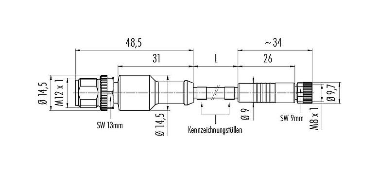 Scale drawing M12/M8 Male cable connector - female cable connector, Contacts: 3, unshielded, moulded on the cable, IP67/IP69K, UL 2238, Standard, PVC, yellow, 3 x AWG 22, 1 m