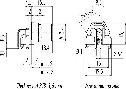 Dessin coté M12 Embase mâle, coudé, Contacts: 4, non blindé, THR, IP68, UL 2238, Montage mural arrière, pour assemblage PCB, conception en deux parties
