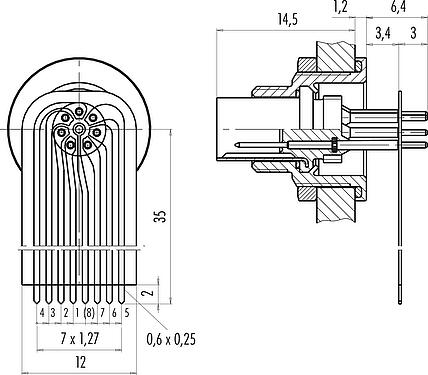 Conexión y dimensiones
M9 Enchufe de brida, Número de contactos: 7, sin blindaje, THT, IP67, M12x0,5, Montaje en pared, moldeado