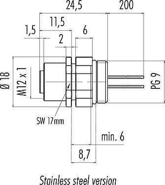 Dessin coté M12 Embase femelle, Contacts: 8, non blindé, fils, IP68/IP69K, UL 2238, PG 9, Montage frontal, Acier inoxydable, positionnable, coulé