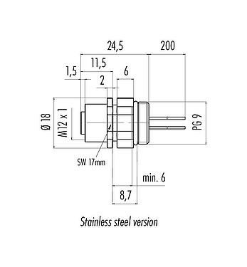 Scale drawing M12 Female panel mount connector, Contacts: 5, unshielded, single wires, IP68/IP69K, UL 2238, PG 9, Front mounting, stainless steel, positionable, potted