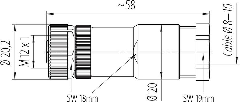 Dessin coté M12 Connecteur femelle, Contacts: 3+PE, 8,0-10,0 mm, non blindé, pince à visser, IP67, UL 2238, VDE