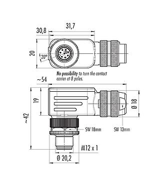 Dessin coté M12 Connecteur mâle coudé, Contacts: 8, 6,0-8,0 mm, blindable, pince à visser, IP67, UL 2238, avec anneau de protection