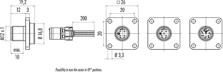 Scale drawing M12 Square male panel mount connector, Contacts: 5, unshielded, single wires, IP69k, IP68, IP67, UL 2238, M3 (4x), Front mounting, Square housing 26 mm, Positionable coding alignment