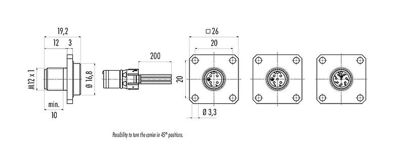 Scale drawing M12 Square male panel mount connector, Contacts: 4, unshielded, single wires, IP69k, IP68, IP67, UL 2238, M3 (4x), Front mounting, Square housing 26 mm, Positionable coding alignment