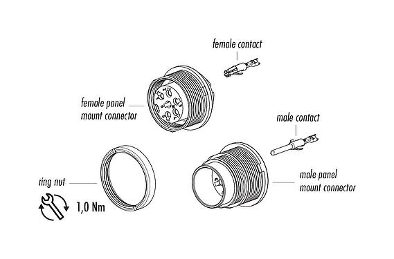 Component part drawing M16 Female panel mount connector, Contacts: 4 (04-a), unshielded, crimping (Crimp contacts must be ordered separately), IP40, M18x0,75, Rear mounting