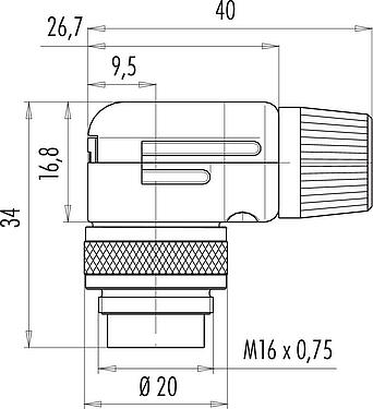 Scale drawing M16 Male angled connector, Contacts: 5 (05-a), 6.0-8.0 mm, shieldable, solder, IP40