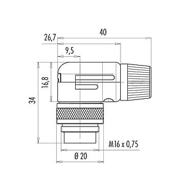 Scale drawing M16 Male angled connector, Contacts: 2 (02-a), 6.0-8.0 mm, shieldable, solder, IP40