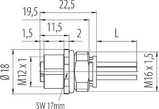Dibujo a escala M12 Toma de brida, Número de contactos: 5, sin blindaje, hilos, IP68, UL 2238, M16x1,5, Montaje frontal