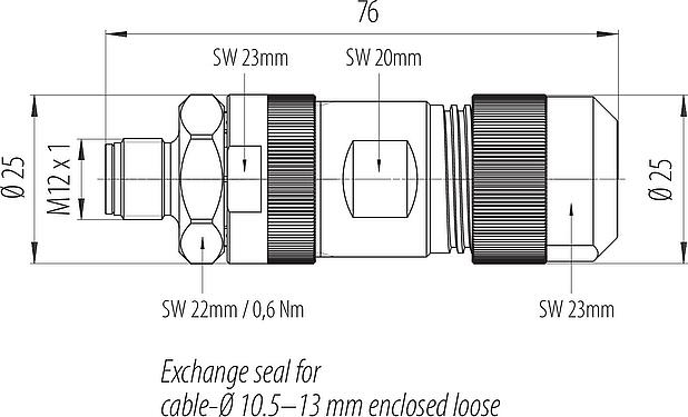 Dibujo a escala M12 Conector de cable macho, Número de contactos: 5, 8,0-13,0 mm, sin blindaje, tornillo extraíble, IP67, M12x1,0, Acero inoxidable