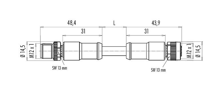 Dibujo a escala M12 Conector de cable macho - conector de cable hembra, Número de contactos: 5, blindado, moldeado en el cable, IP68, UL 2238, CAN-Bus, PUR, morado, 1 x 2 x AWG 22 + 1 x 2 x AWG 24, 2 m