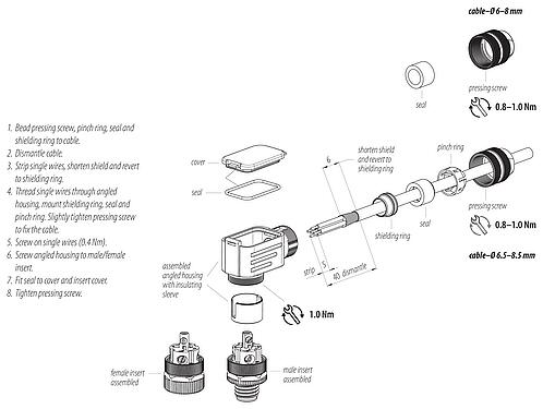 Assembly instructions M12 Male angled connector, Contacts: 5, 6.5-8.5 mm, shieldable, screw clamp, IP67, UL 2238, with shielding ring