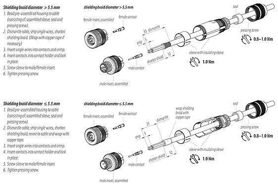 Assembly instructions M12 Male cable connector, Contacts: 4, 5.0-8.0 mm, shieldable, crimping (Crimp contacts must be ordered separately), IP67, UL 2238