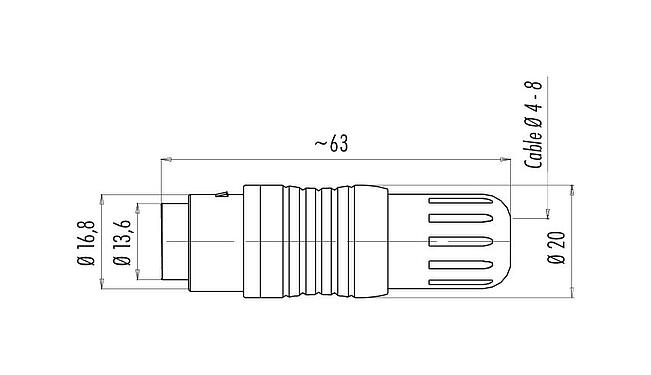 Scale drawing Push Pull Female cable connector, Contacts: 3, 4.0-8.0 mm, shieldable, solder, IP67