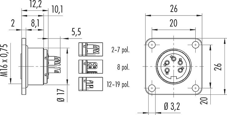 Scale drawing M16 Square female panel mount connector, Contacts: 4 (04-a), unshielded, solder, IP67, UL 2238, M3 (4x), Front mounting
