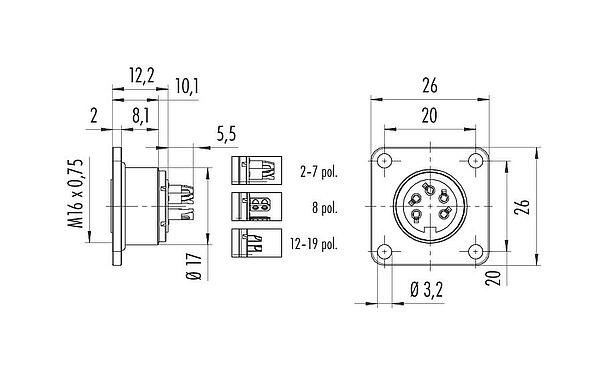 Scale drawing M16 Square female panel mount connector, Contacts: 14 (14-b), unshielded, solder, IP67, UL 2238, M3 (4x), Front mounting