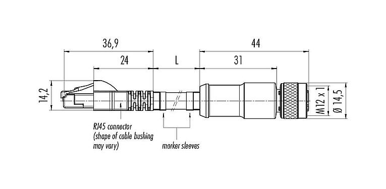 Scale drawing M12/RJ45 Connecting cable female cable connector - RJ45 connector, Contacts: 4, shielded, molded/crimp, IP67, UL, Profinet/Ethernet CAT5e, PUR, green, 4 x AWG 22, 5 m