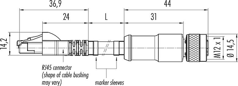 Dibujo a escala M12/RJ45 Cable de conexión conector de cable hembra - conector RJ45, Número de contactos: 4, blindado, moldeado/engarzado, IP67, UL, Profinet/Ethernet CAT5e, PUR, verde, 4 x AWG 22, 0,6 m