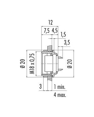 Dibujo a escala M16 Toma de brida, Número de contactos: 24, sin blindaje, soldadura, IP67, UL 2238, M18x0,75, Montaje en pared