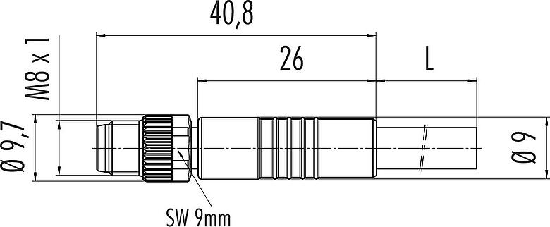 Scale drawing M8 Male cable connector, Contacts: 3, unshielded, moulded on the cable, IP67/IP69K, UL 2238, PVC, grey, 3 x 0.34 mm², 10 m