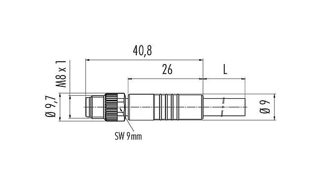 Scale drawing M8 Male cable connector, Contacts: 4, unshielded, moulded on the cable, IP67/IP69K, UL 2238, PVC, grey, 4 x 0.34 mm², 2 m