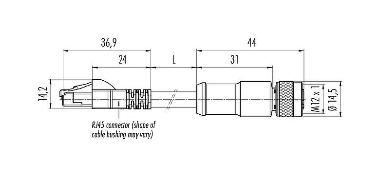Dibujo a escala M12/RJ45 Cable de conexión conector de cable hembra - conector RJ45, Número de contactos: 4, blindado, moldeado/engarzado, IP67, Ethernet CAT5e, TPE, azul/verde, 2 x 2 x AWG 24, 0,3 m