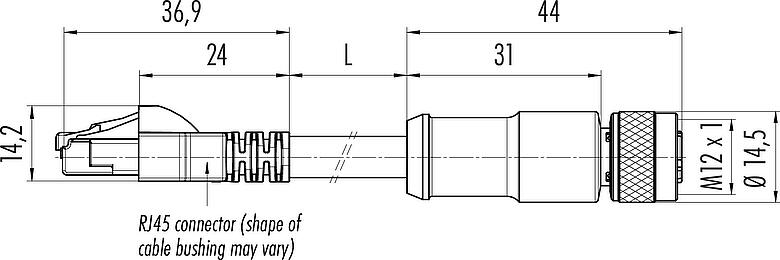 Dibujo a escala M12/RJ45 Cable de conexión conector de cable hembra - conector RJ45, Número de contactos: 4, blindado, moldeado/engarzado, IP67, Ethernet CAT5e, TPE, azul/verde, 2 x 2 x AWG 24, 2 m
