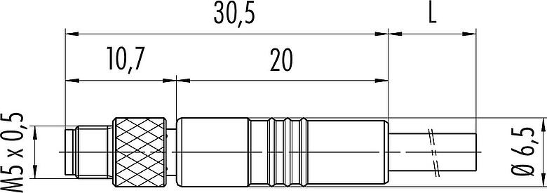 Dibujo a escala M5 Conector de cable macho, Número de contactos: 4, blindado, moldeado en el cable, IP67, UL 2238, M5x0,5, PUR, negro, 4 x 0,14 mm², 2 m
