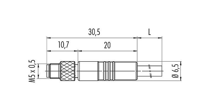 Dibujo a escala M5 Conector de cable macho, Número de contactos: 4, blindado, moldeado en el cable, IP67, UL 2238, M5x0,5, PUR, negro, 4 x 0,14 mm², 5 m