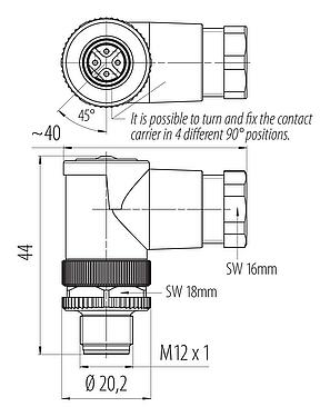 Dibujo a escala M12 Conector macho en ángulo, Número de contactos: 4, 6,0-8,0 mm, sin blindaje, tornillo extraíble, IP67, UL 2238