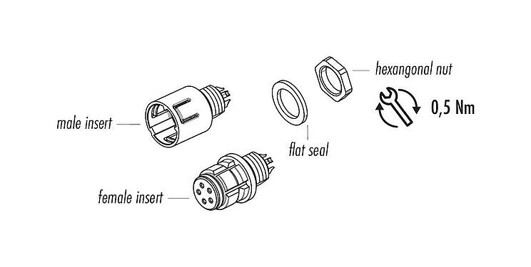 Component part drawing Snap-In Female panel mount connector, Contacts: 4, unshielded, solder, IP67, UL 2238, M8x0,75, Front mounting