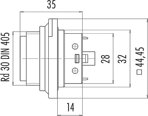 Scale drawing RD30 Male panel mount connector, Contacts: 4+PE, unshielded, screw clamp, IP65, ESTI+, VDE, Front mounting