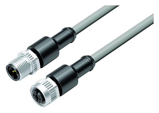Illustration M12 Connecting cable male cable connector - female cable connector, Contacts: 5, unshielded, moulded on the cable, IP67/IP69K, UL 2238, PVC, grey, 5 x 0.34 mm², 3 m