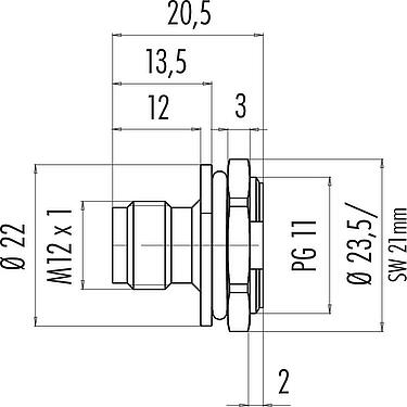 Dibujo a escala M12 Enchufe de brida, Número de contactos: 4, sin blindaje, soldadura, IP67, PG 11, Montaje frontal