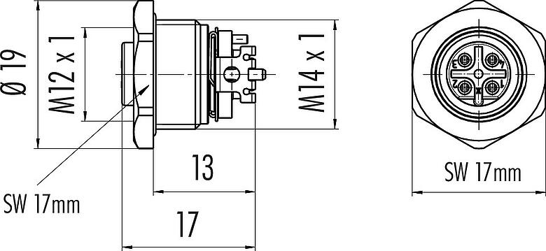Dibujo a escala M12 Toma de brida, Número de contactos: 4, blindable, SMT, IP67, M14x1,0, Montaje frontal