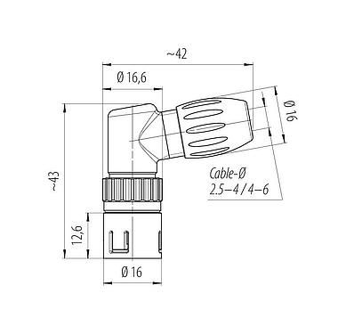 Dibujo a escala Snap-In Conector macho en ángulo, Número de contactos: 3, 4,0-6,0 mm, sin blindaje, soldadura, IP67