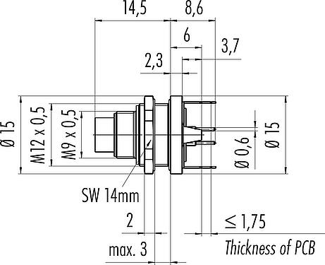 Scale drawing M9 Male panel mount connector, Contacts: 2, shieldable, THT, IP67, M12x0.5, Rear mounting, potted
